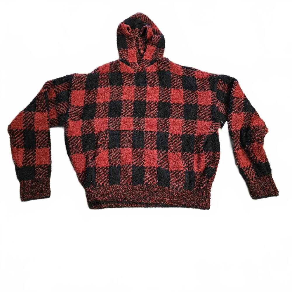 Skims Buffalo Plaid Sweater Medium Red‎ Black Hooded Knit Pullover Hoodie Warm